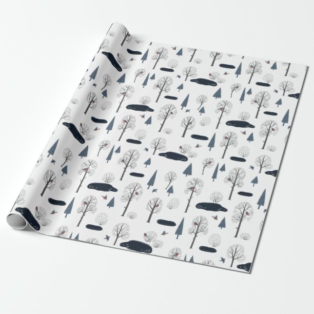 Christmas Pattern Of Trees, Ponds, Birds In Snow Wrapping Paper (Unrolled)