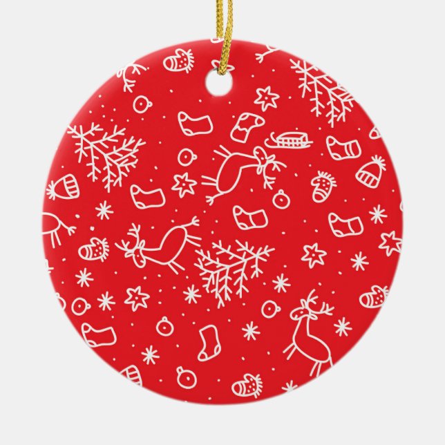 christmas, pattern on red background, doodle ceramic ornament (Front)