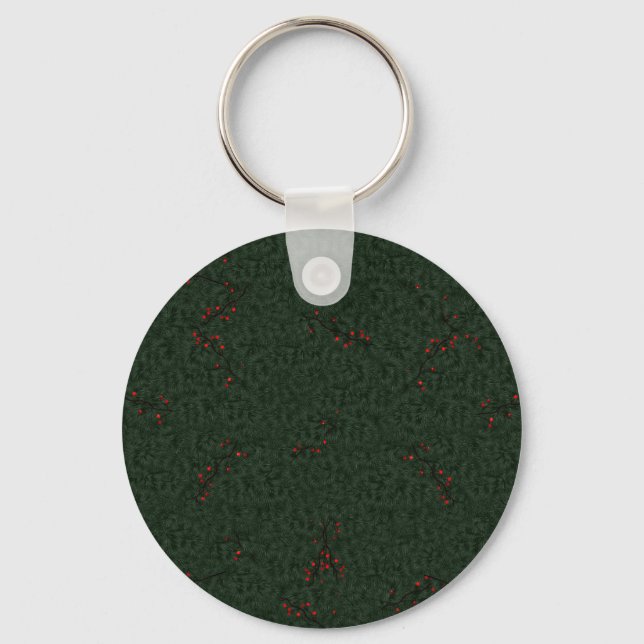Christmas Pattern Pine Needles and Red Berries Keychain (Front)