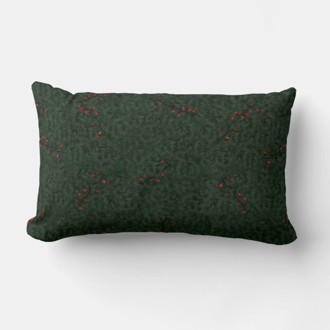 Christmas Pattern Pine Needles and Red Berries Lumbar Pillow (Front)