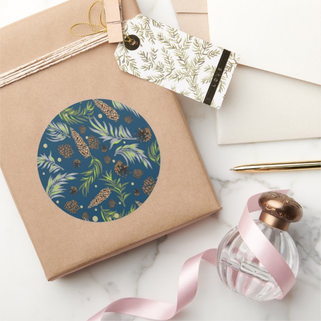 Christmas Pattern, Pine Snow 9 Classic Round Sticker (Gifting)