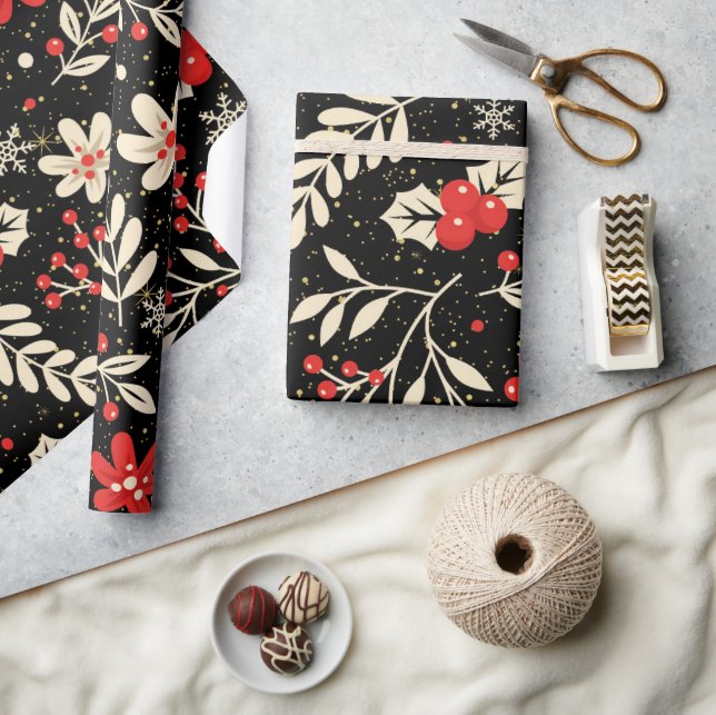 Christmas Pattern Red Holy White Leaves Wrapping Paper (Crafts)