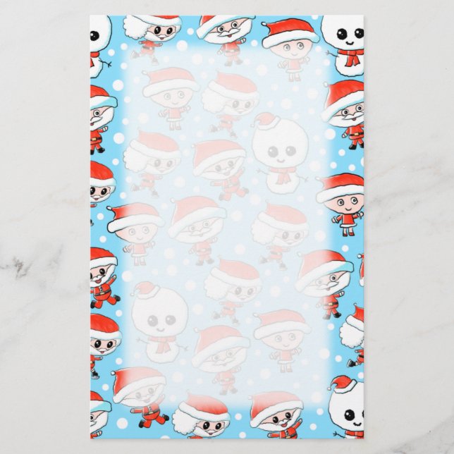 Christmas Pattern Santa and Snowman on Blue. Stationery (Front)