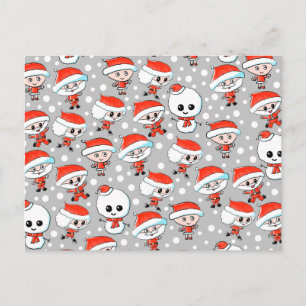 Christmas Pattern Santa and Snowman on Grey Holiday Postcard