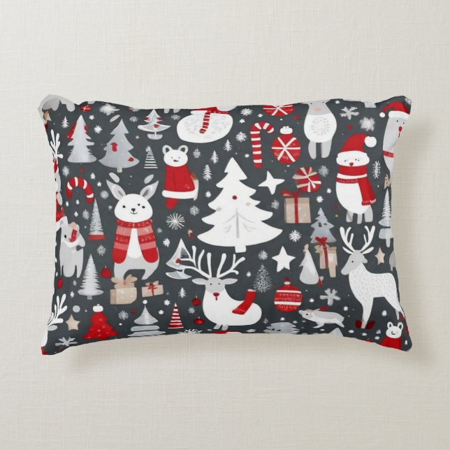Christmas pattern snowman santa trees grey decor accent pillow (Front)