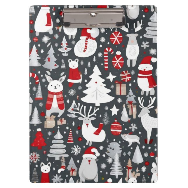 Christmas pattern snowman santa trees grey decor clipboard (Front)