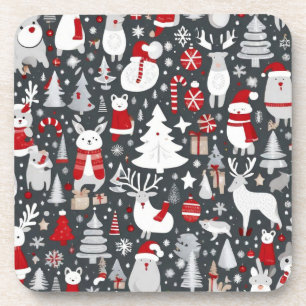 Christmas pattern snowman santa trees grey decor coaster