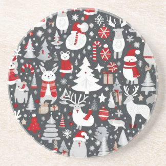 Christmas pattern snowman santa trees grey decor coaster
