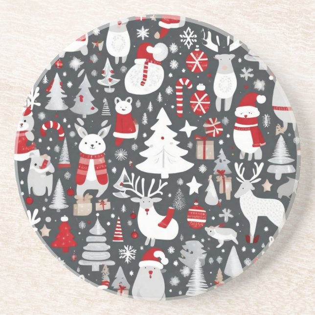Christmas pattern snowman santa trees grey decor coaster (Front)