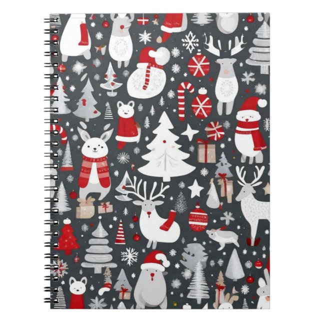 Christmas pattern snowman santa trees grey decor notebook (Front)