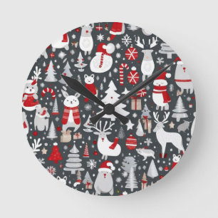 Christmas pattern snowman santa trees grey decor round clock