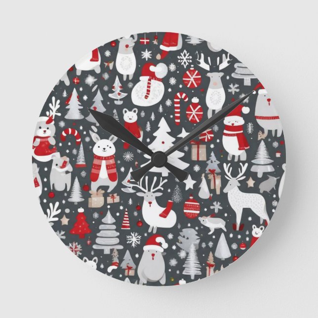 Christmas pattern snowman santa trees grey decor round clock (Front)