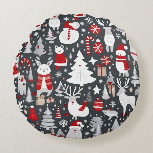 Christmas pattern snowman santa trees grey decor round pillow (Front)