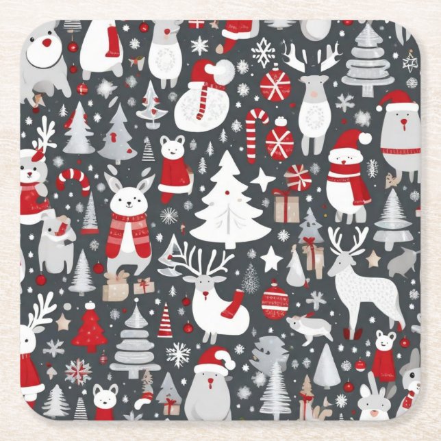 Christmas pattern snowman santa trees grey decor square paper coaster (Front)
