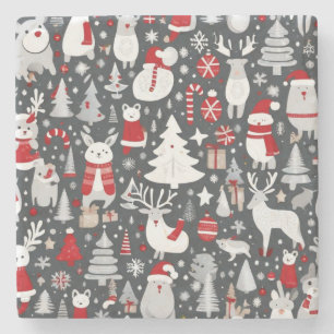Christmas pattern snowman santa trees grey decor stone coaster
