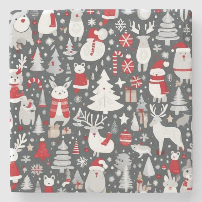 Christmas pattern snowman santa trees grey decor stone coaster (Front)