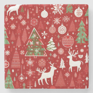 Christmas pattern snowman santa trees grey decor stone coaster