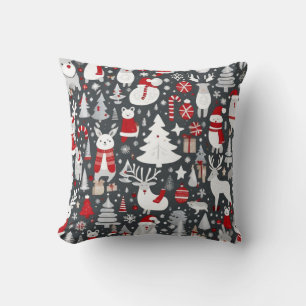 Christmas pattern snowman santa trees grey decor throw pillow