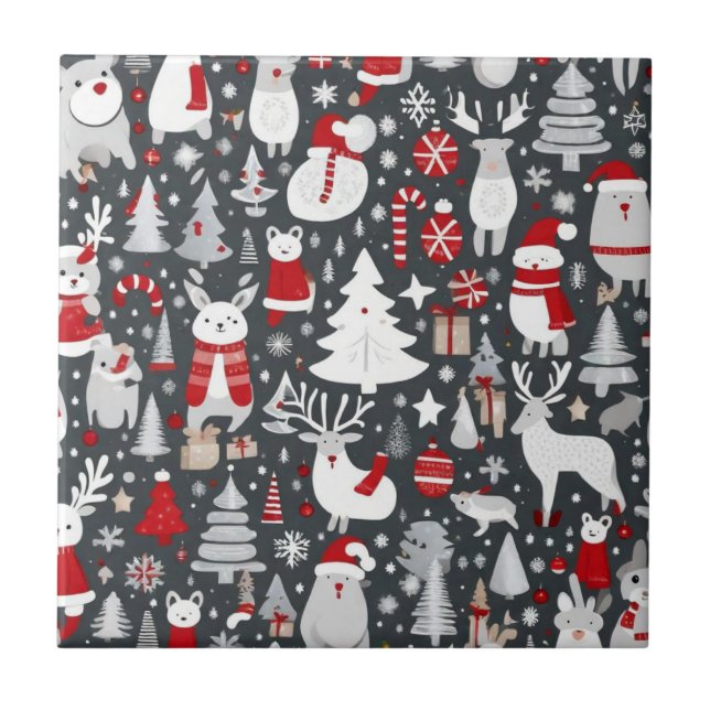 Christmas pattern snowman santa trees grey decor tile (Front)