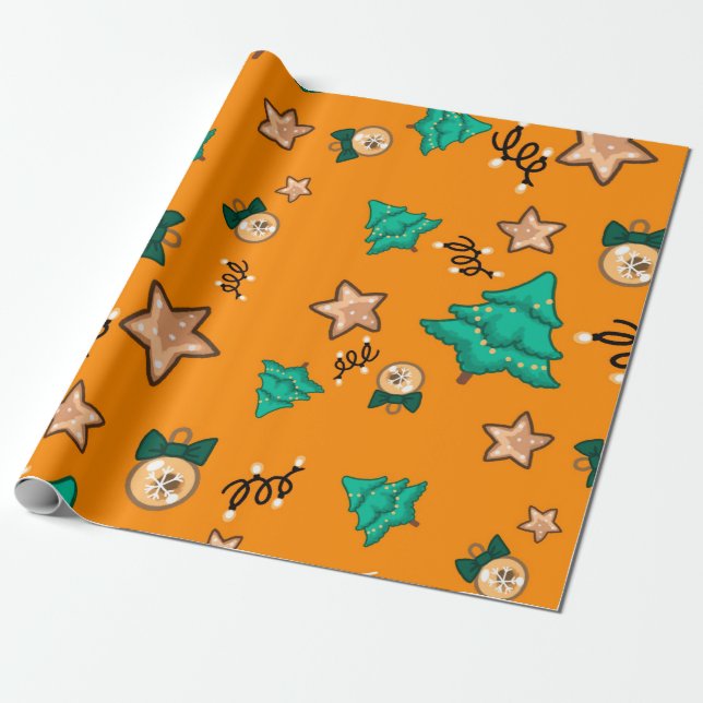 Christmas pattern with candles, Tangerinesbackgrou Wrapping Paper (Unrolled)