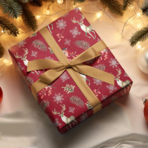 Christmas Pattern With Deer & Bullfinches Red