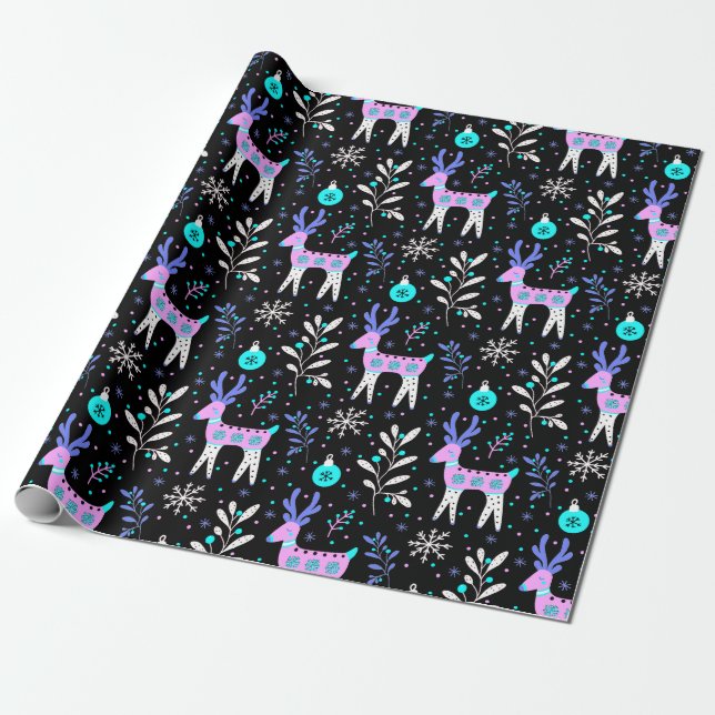 Christmas pattern with deer in neon  wrapping paper (Unrolled)