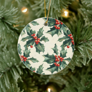 Christmas Pattern with Holly Leaves and Red Berry Ceramic Ornament