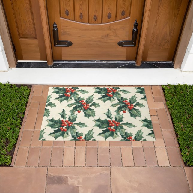 Christmas Pattern with Holly Leaves and Red Berry Doormat (Outdoor)