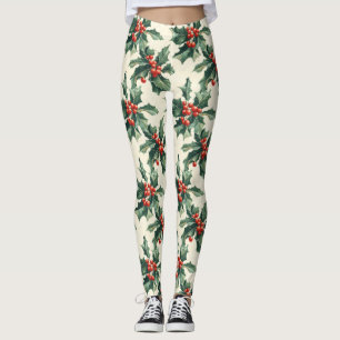 Christmas Pattern with Holly Leaves and Red Berry Leggings