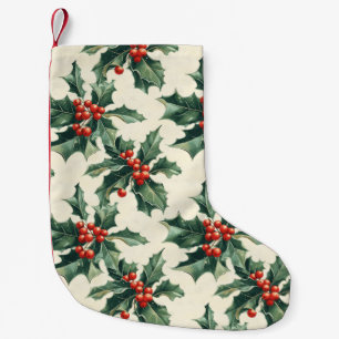 Christmas Pattern with Holly Leaves and Red Berry Small Christmas Stocking