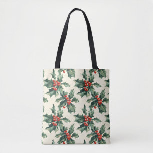 Christmas Pattern with Holly Leaves and Red Berry Tote Bag