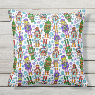 Christmas Pattern With Nutcracker And Snowflakes Outdoor Pillow
