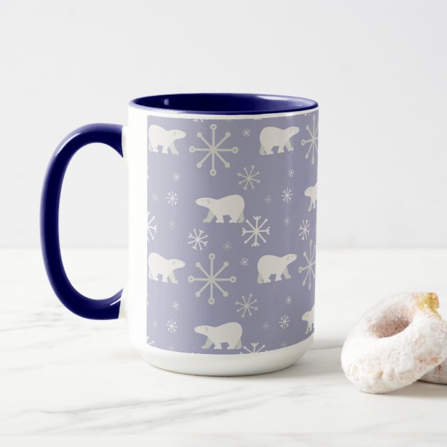 Christmas pattern with polar bears and snowflakes mug (With Donut)