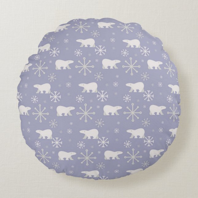 Christmas pattern with polar bears and snowflakes round pillow (Front)