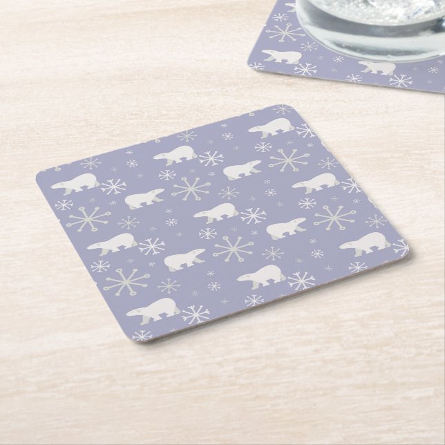 Christmas pattern with polar bears and snowflakes square paper coaster (Angled)