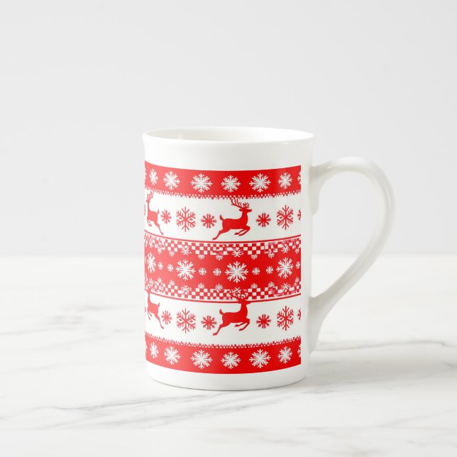 Christmas Pattern with Reindeer and Snowflakes Bone China Mug (Right)