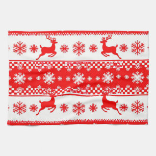 Christmas Pattern with Reindeer and Snowflakes Kitchen Towel