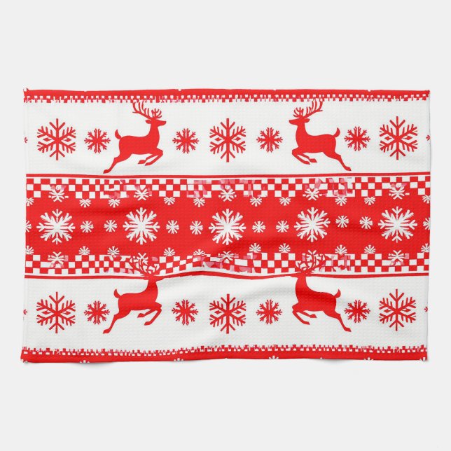 Christmas Pattern with Reindeer and Snowflakes Kitchen Towel (Horizontal)