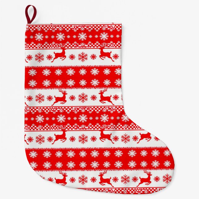 Christmas Pattern with Reindeer and Snowflakes Large Christmas Stocking (Front)