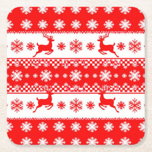 Christmas Pattern with Reindeer and Snowflakes Square Paper Coaster