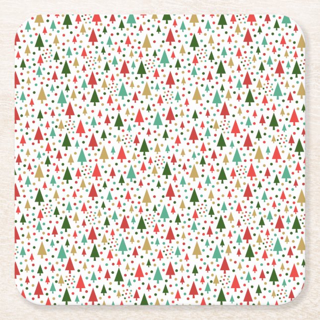 Christmas Patterns - landscape of colourful trees Square Paper Coaster (Front)