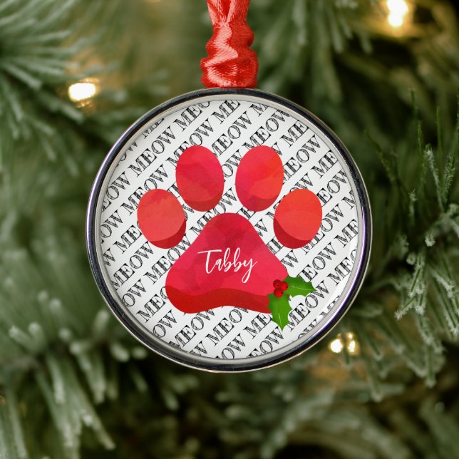 Christmas Paw Print Meow Cat NAME Holly Fun Metal Ornament (Tree)