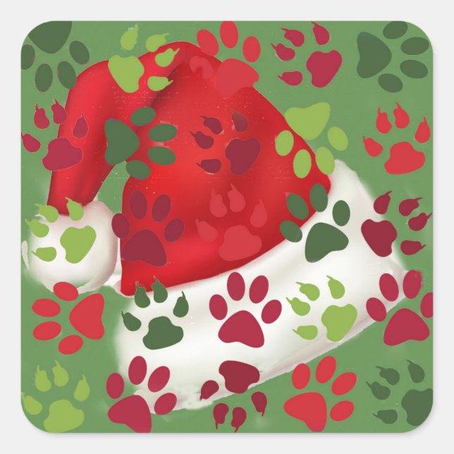Christmas Paw Prints with Santa Hat Square Sticker (Front)