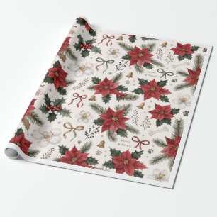 Christmas Paws & Petals – Botanical Paw Print Holi Wrapping Paper