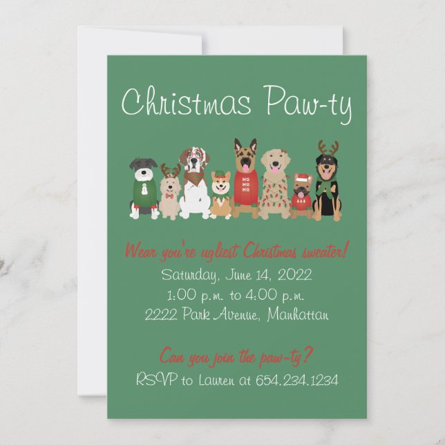 Christmas Pawty Dog Ugly Holiday Sweater Red Green Invitation (Front)