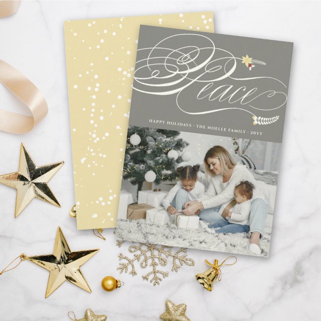 Christmas Peace Calligraphy Foliage Classic Photo Holiday Card (Creator Uploaded)