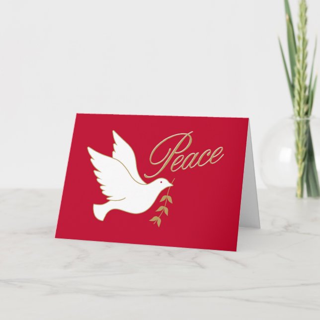 Christmas Peace Dove with Olive Branch on Red Holiday Card (Front)