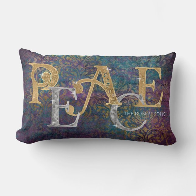 Christmas Peace Gold n Silver Peacock Colours Phot Lumbar Pillow (Front)