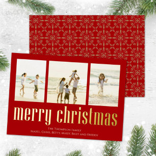 Christmas Peace Joy Love Red Snowflake 3 Photo Foil Holiday Card