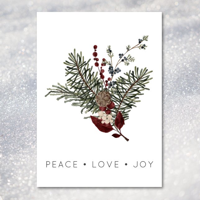 Christmas Peace Love Rustic Minimal Holly Pine Holiday Card (Christmas Peace Love Rustic Minimal Holly Pine Holiday Card)